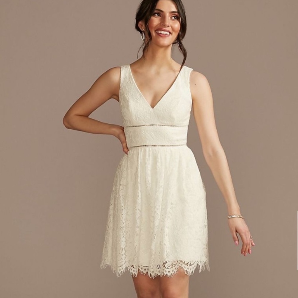 DB Studio White Lace V Neck Bridal Dress